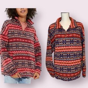 AEO American Eagle Outfitters Sherpa Fleece Fair Isle 1/4 Zip Top Red Blue Large